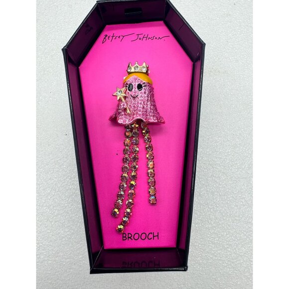NIB Betsey Johnson Pink Rhinestone Ghost Queen Brooch Pin Halloween - Picture 1 of 5